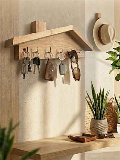 Ahşap Anahtarlık Askı 5li Duvar Tipi Anahtar Askılığı Dekoratif Duvar Organizer Raflı
