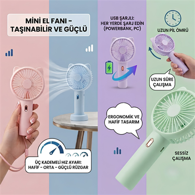 3 Kademeli Şarjlı Mini El Fanı USB Taşınabilir Sessiz Masaüstü Soğutucu Fan Kedi Kulaklı