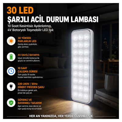30 LED Şarjlı Acil Durum Lambası – 10 Saat Kesintisiz Aydınlatma, 4V Bataryalı Taşınabilir LED Işık