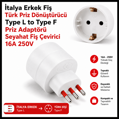 İtalya Erkek Fiş Türk Priz Dönüştürücü Type L to Type F Priz Adaptörü Seyahat Fiş Çevirici 16A 250V