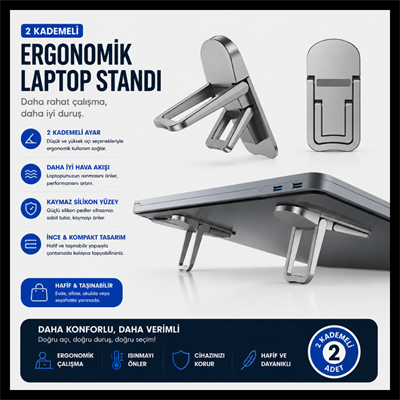2 Kademeli Ergonomik Laptop Standı – Katlanabilir Metal Notebook Yükseltici ve Kaymaz Laptop Ayağı