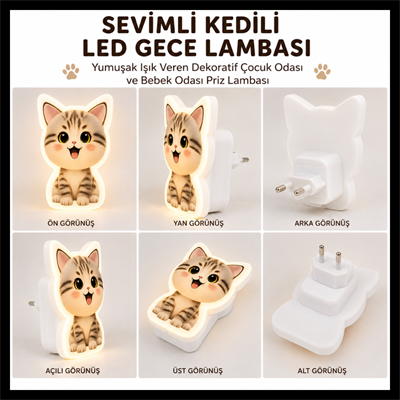 Sevimli Kedili Fişli LED Gece Lambası | Yumuşak Işık Veren Dekoratif Çocuk Odası ve Bebek Odası Priz Lambası