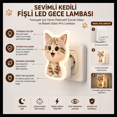 Sevimli Kedili Fişli LED Gece Lambası | Yumuşak Işık Veren Dekoratif Çocuk Odası ve Bebek Odası Priz Lambası