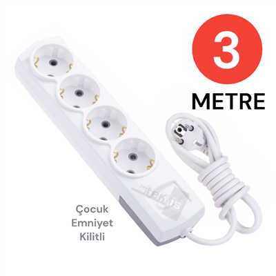 Grup Priz Topraklı 4 Lü 3 Metre Çocuk Korumalı Çoklu Priz Seyyar Ara Kablo Uzatma Kablosu
