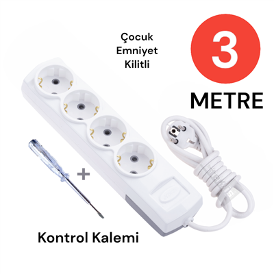 Grup Priz Topraklı 4 Lü 3 Metre + Kontrol Kalemi Çoklu Priz Seyyar Ara Kablo Uzatma Kablosu