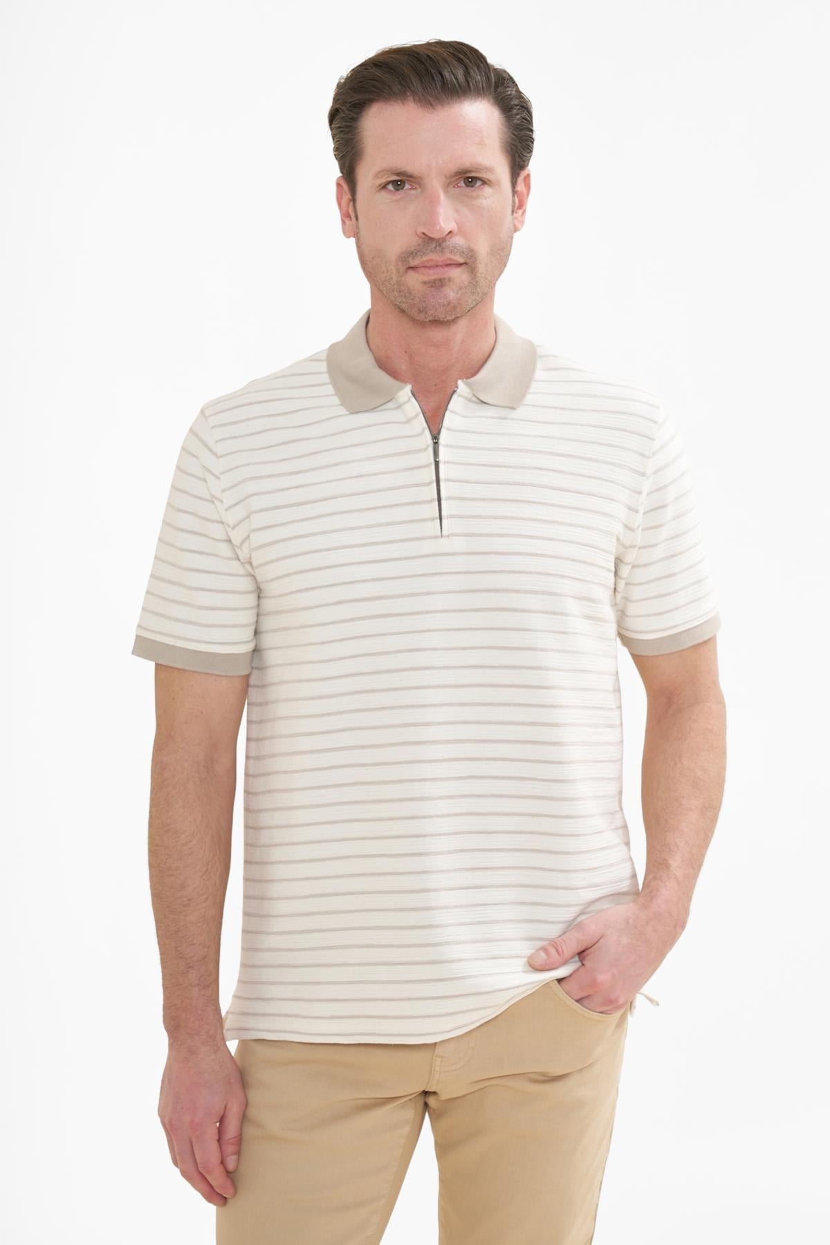İntersivin Fermuarlı  Polo Yaka Bej Tshirt - SD-12