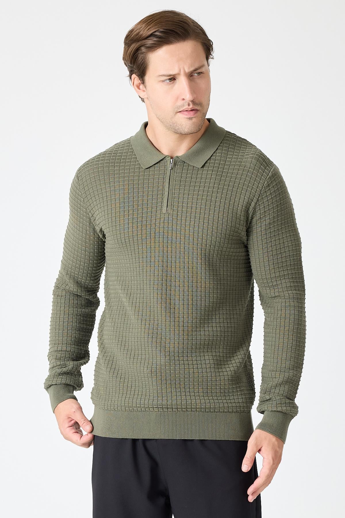 S-03 Polo Yaka Fermuarlı Triko- Haki