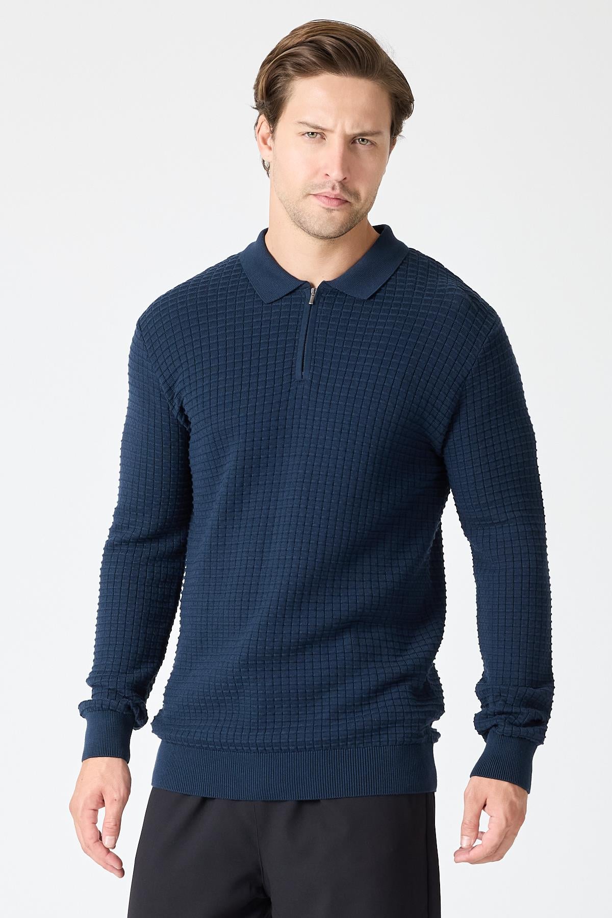 S-03 Polo Yaka Fermuarlı Triko- Lacivert