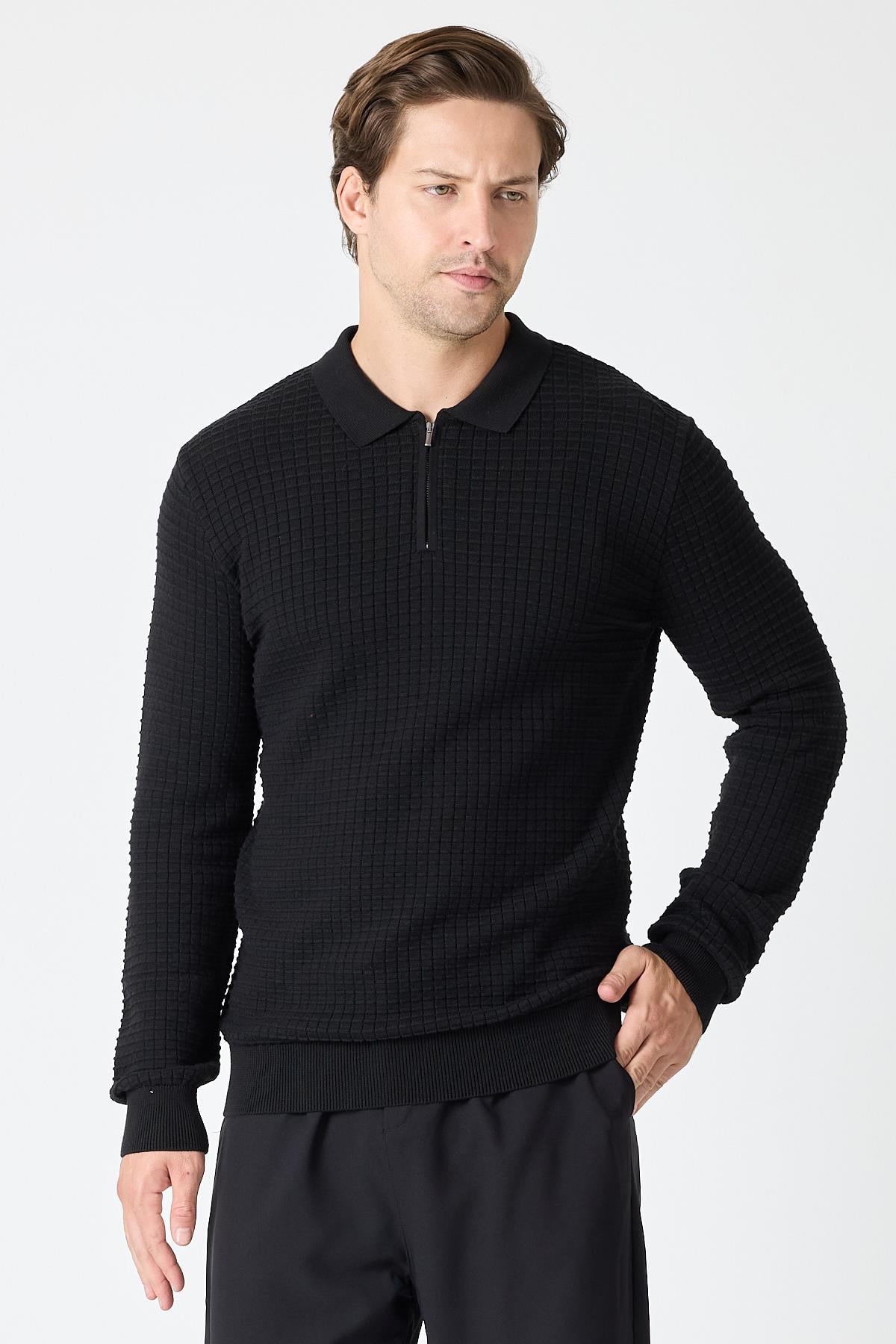 S-03 Polo Yaka Fermuarlı Triko- Siyah