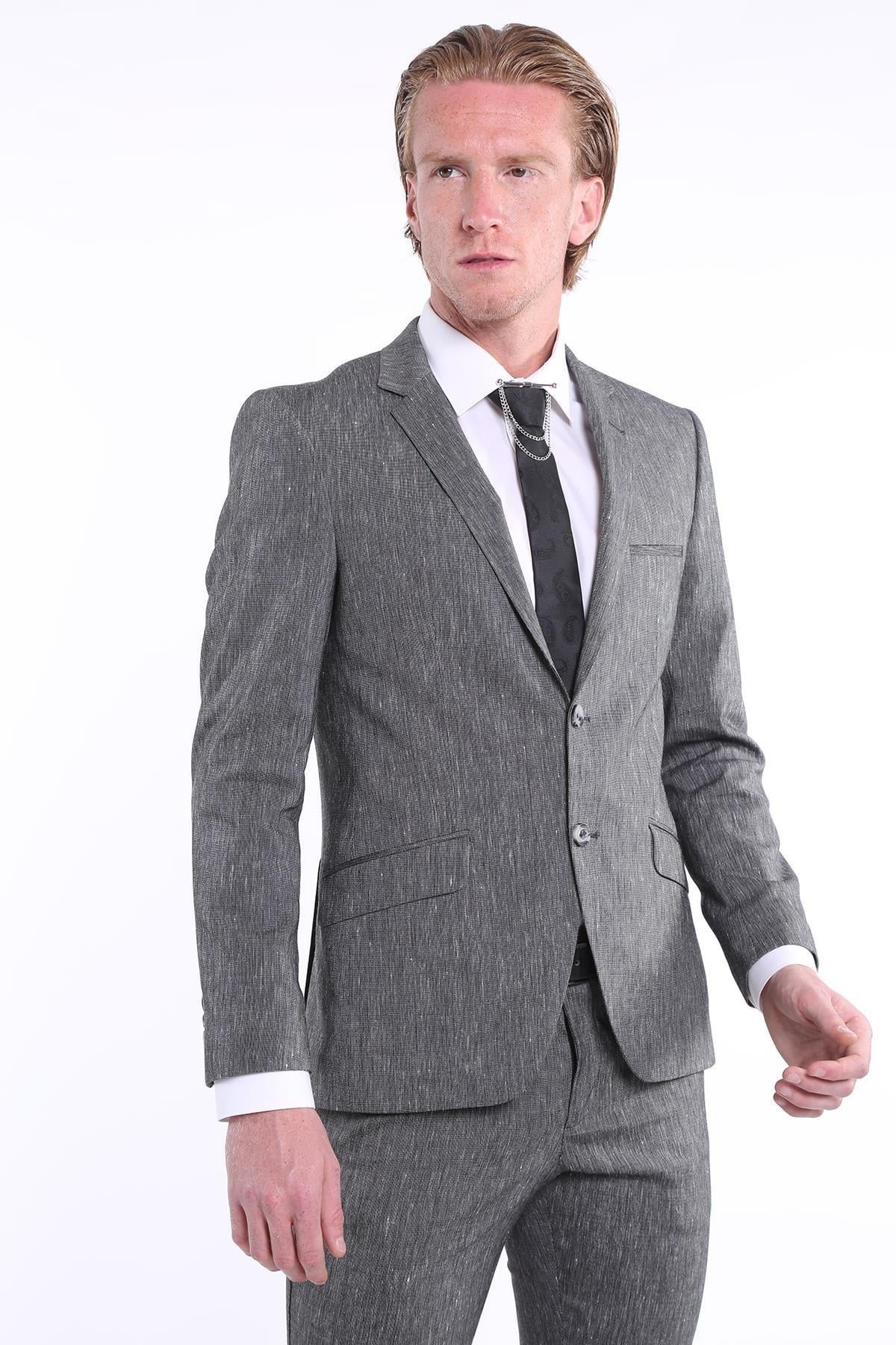 T2017-02 Slim Fit Yelekli Likralı Erkek Takım Elbise-Siyah
