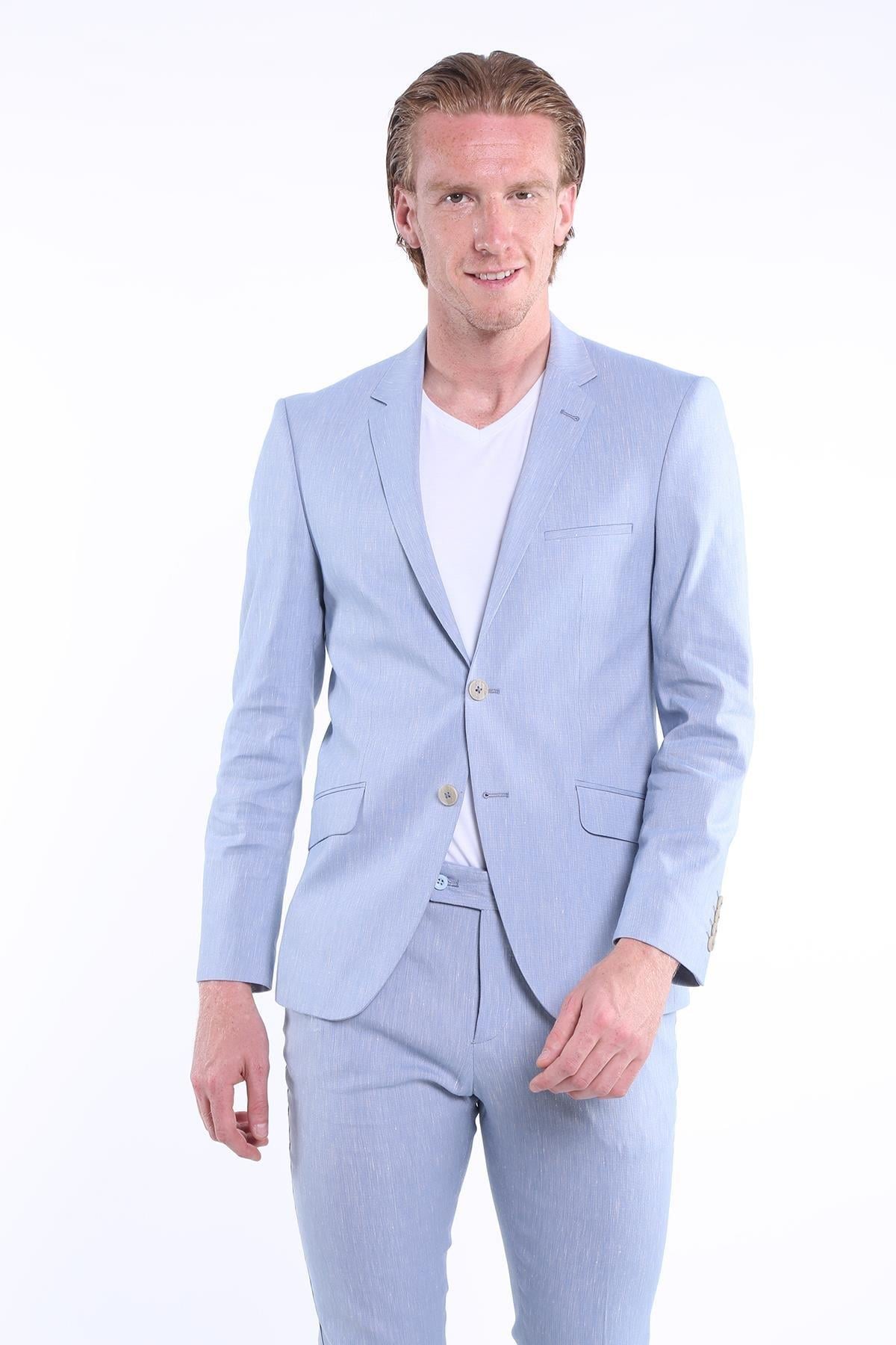 T2017-02 Slim Fit Yelekli Likralı Erkek Takım Elbise-Mavi