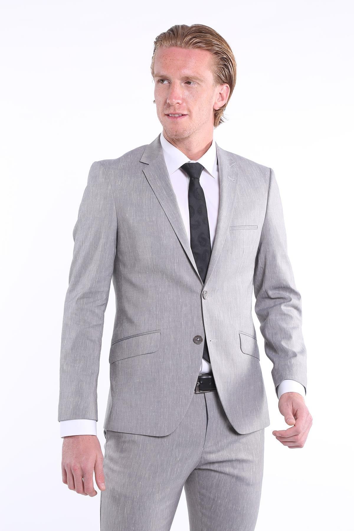 T2017-02 Slim Fit Yelekli Likralı Erkek Takım Elbise-Füme