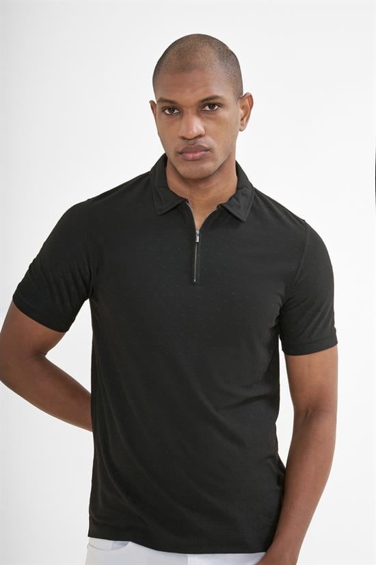 İntersivin Fermuarlı Polo Yaka Siyah Tshirt - SD-03