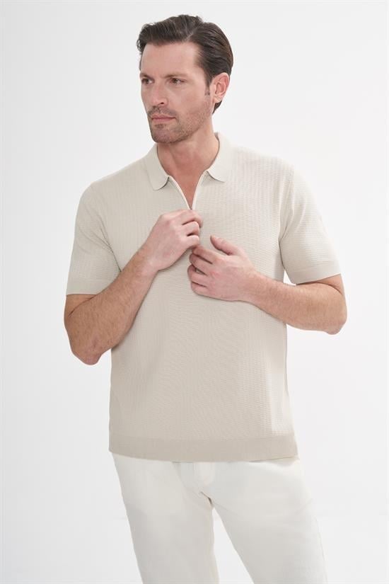 İntersivin Fermuarlı Polo Yaka Taş Rengi Tshirt - SY-12