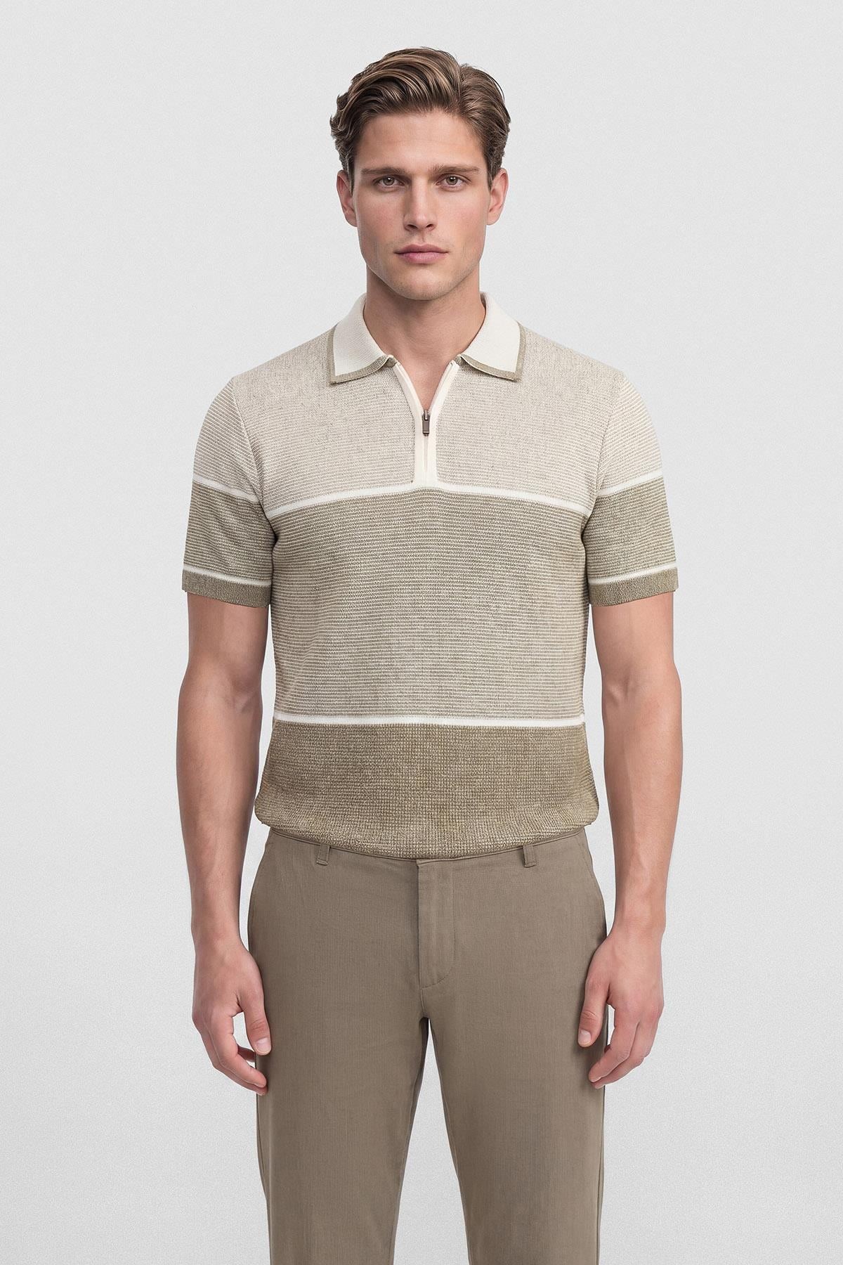 İntersivin Kahverengi Fermuar Yaka T-shirt - CY-1904