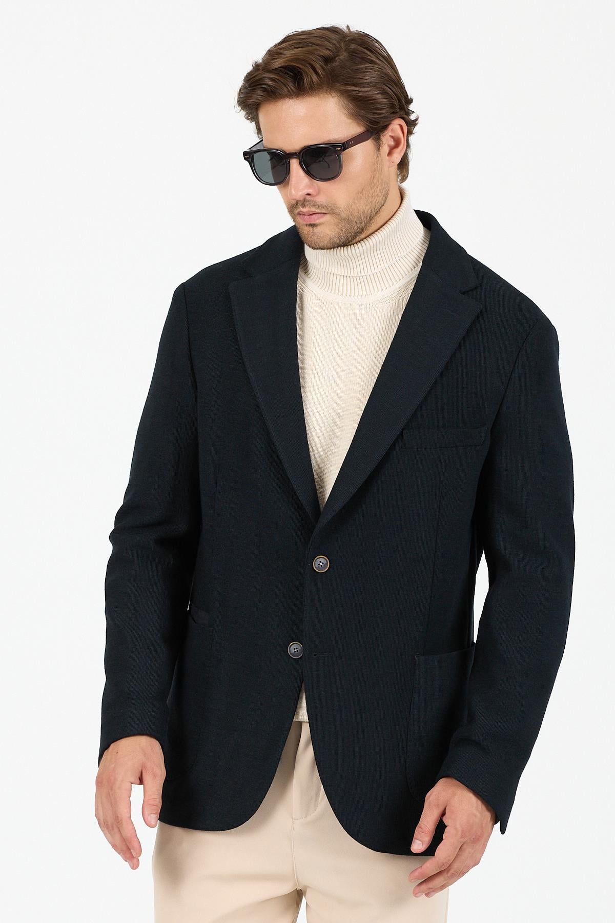 KS-01 Akrilik Kumaş Blazer Tek Ceket- Lacivert