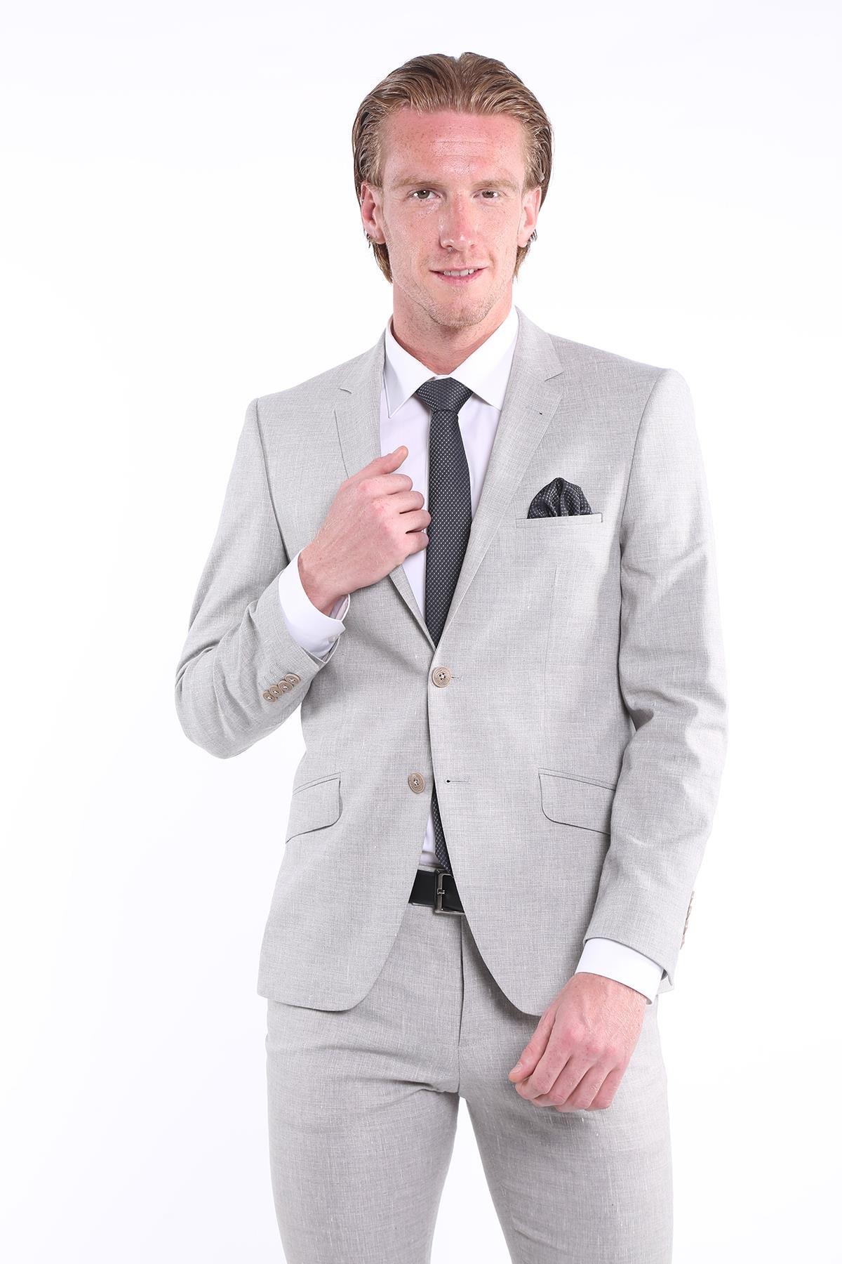 T2017-02 Slim Fit Yelekli Likralı Erkek Takım Elbise-Bej