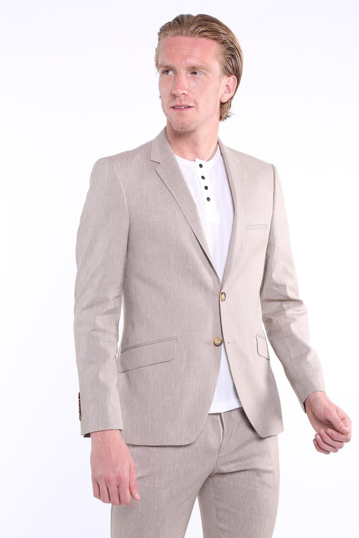T2017-02 Slim Fit Yelekli Likralı Erkek Takım Elbise-Toprak