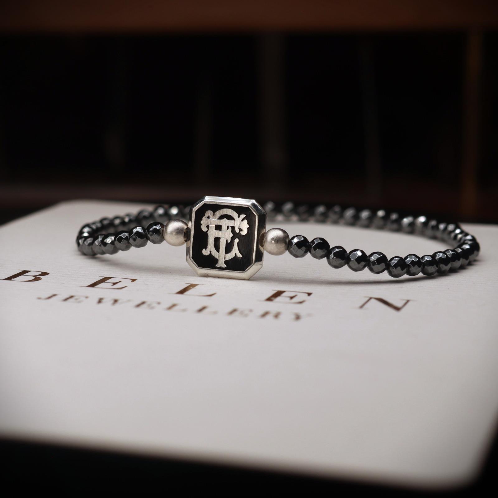  Hematit Taşı Monogram Bileklik (925 Ayar Gümüş) 