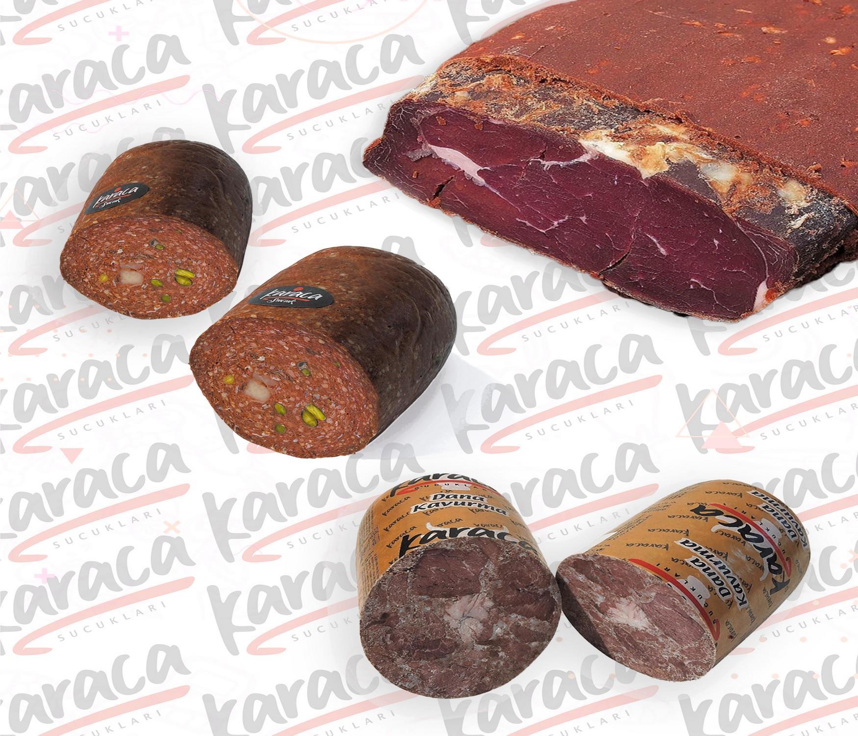 Karaca  Göden Antep Fıstıklı ve Hellim Peynirli Sucuk 750 Gr Sırt Çemensiz Pastırma 750 Gr Blok Dana Kavurma 750 Gr