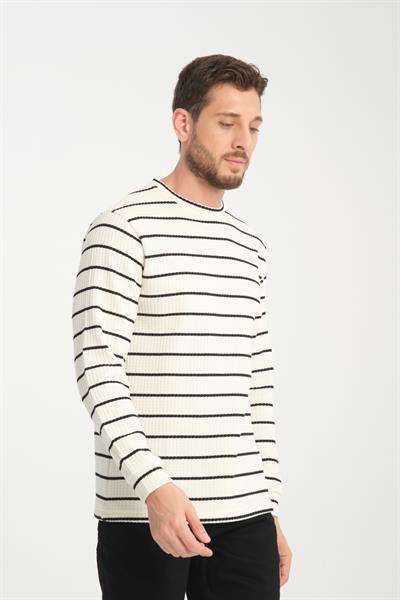 %100 Pamuk Jakar Örgü Uzun Kollu Çizgili Erkek Sweatshirt