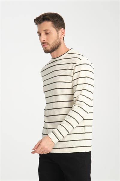 %100 Pamuk Jakar Örgü Uzun Kollu Çizgili Erkek Sweatshirt