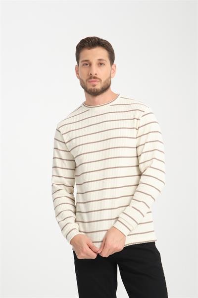 %100 Pamuk Jakar Örgü Uzun Kollu Çizgili Erkek Sweatshirt