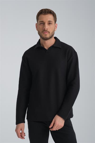 %100 Pamuklu Jakar Dokuma Erkek Polo Yaka Sweatshirt