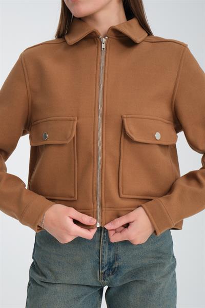 Kadın Siyah Fermuarlı Ceket - Cepli Kısa Mont