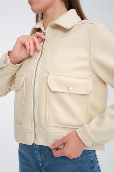 Kadın Siyah Fermuarlı Ceket - Cepli Kısa Mont