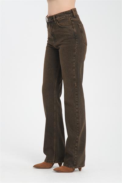 Yüksek Bel Fermuarlı Wideleg Fit %100 Pamuk Ekstra Boyamalı Jean Pantolon