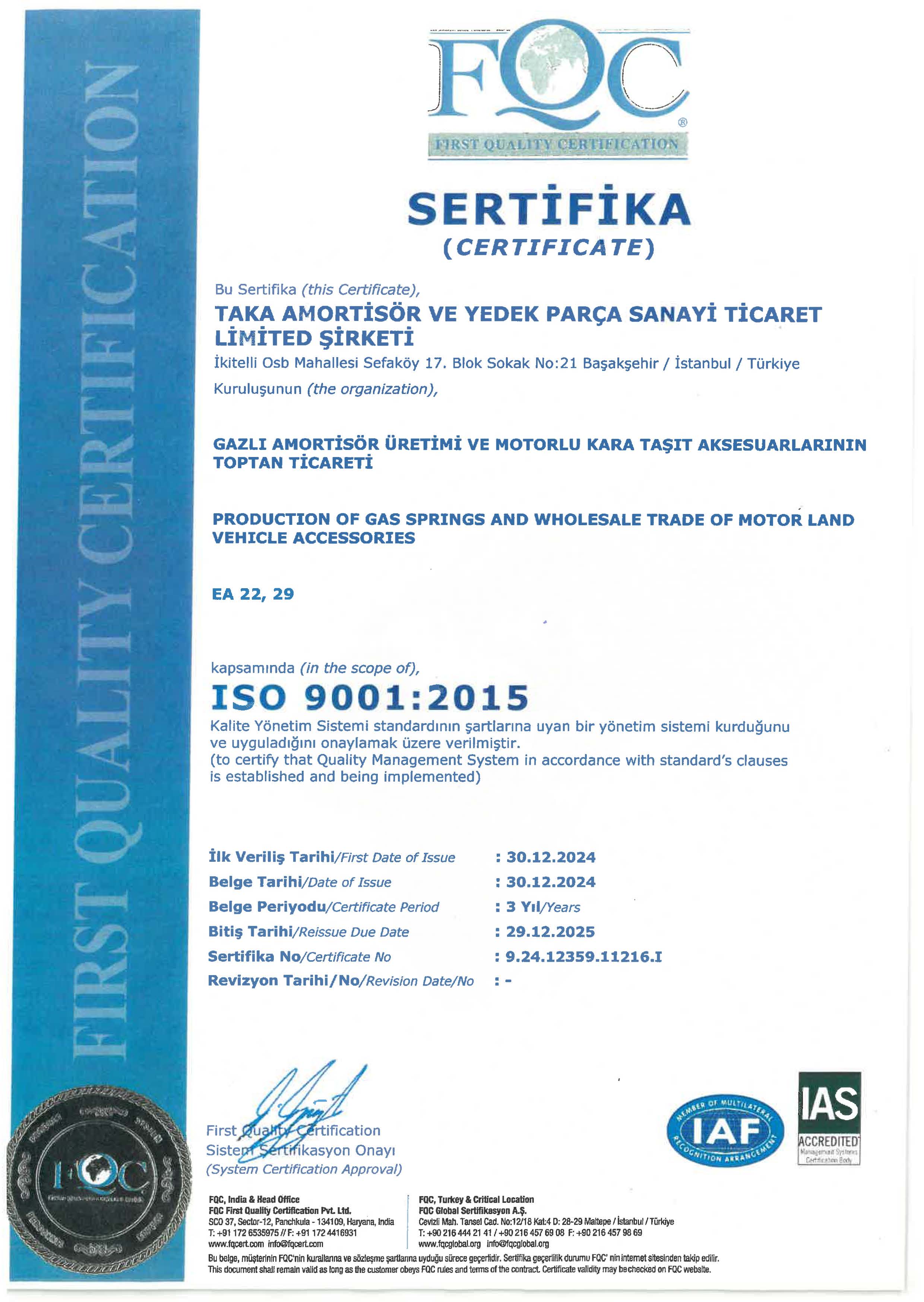 ISO 9001 Sertifikası