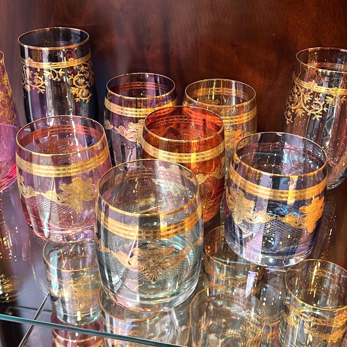 Bohemia Crystal Altın Fırça Desenli Renkli 6 Kişilik Su Bardağı Takımı