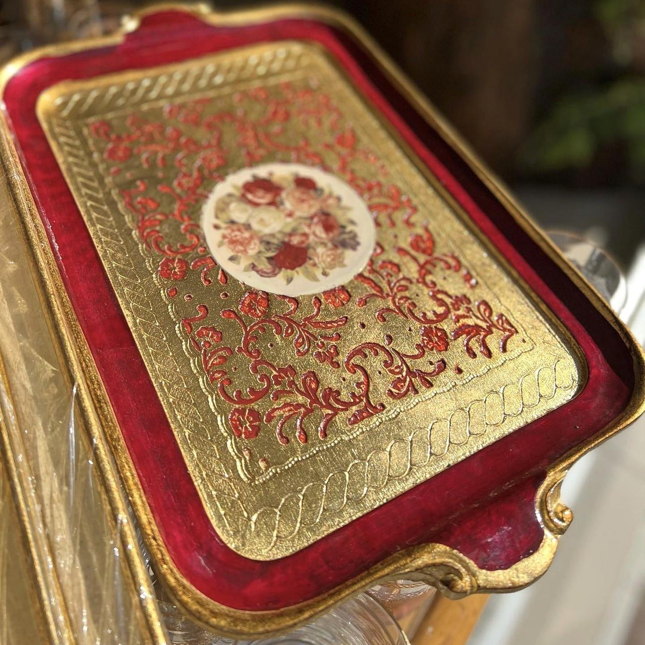 L & M Florence Art Çiçek Desenli Gold İthal Gül Ağacı Tepsi 4-5 Kişilik