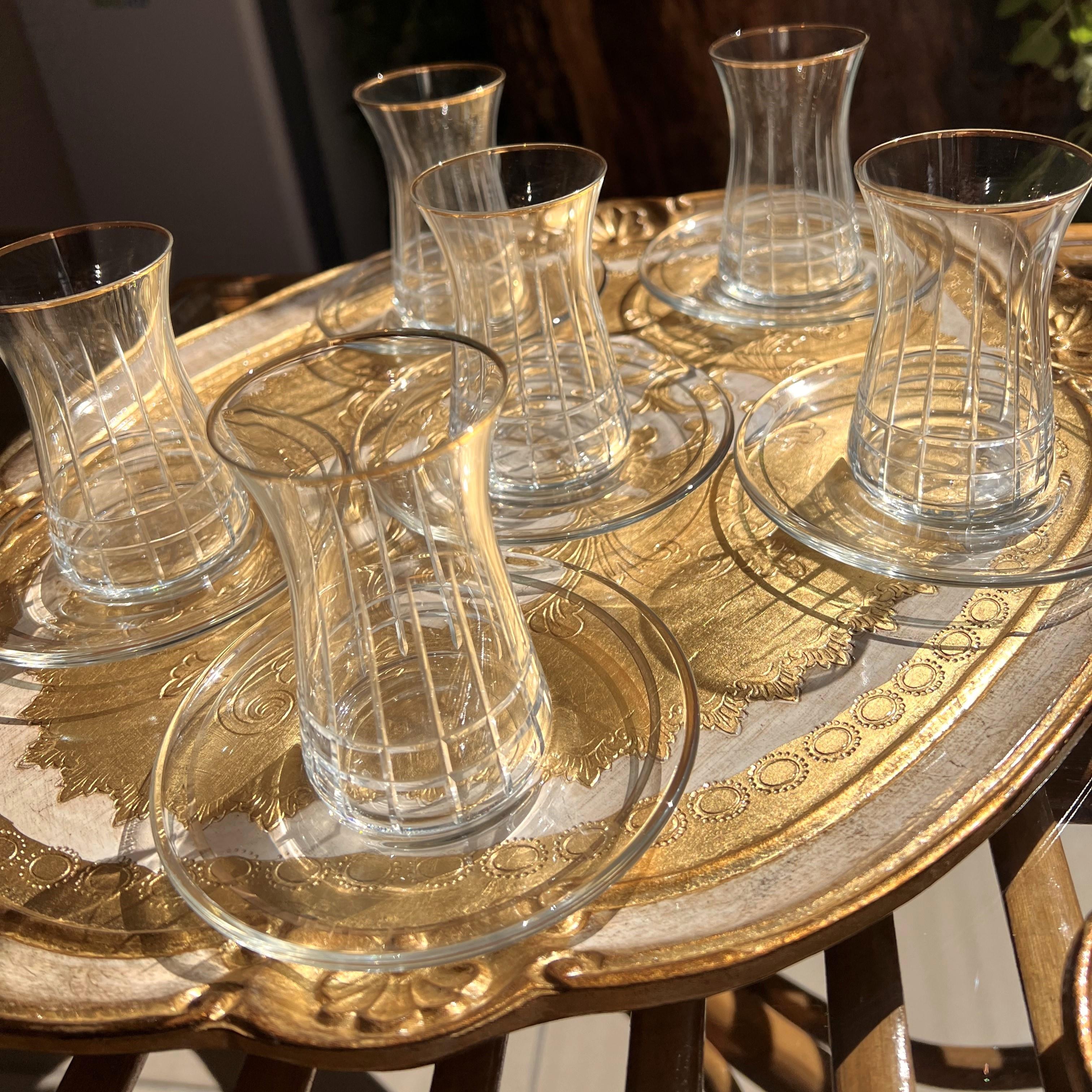 Bohemia Crystal Gold Detaylı Lime Desenli 6 Kişilik Çay Bardağı Takımı