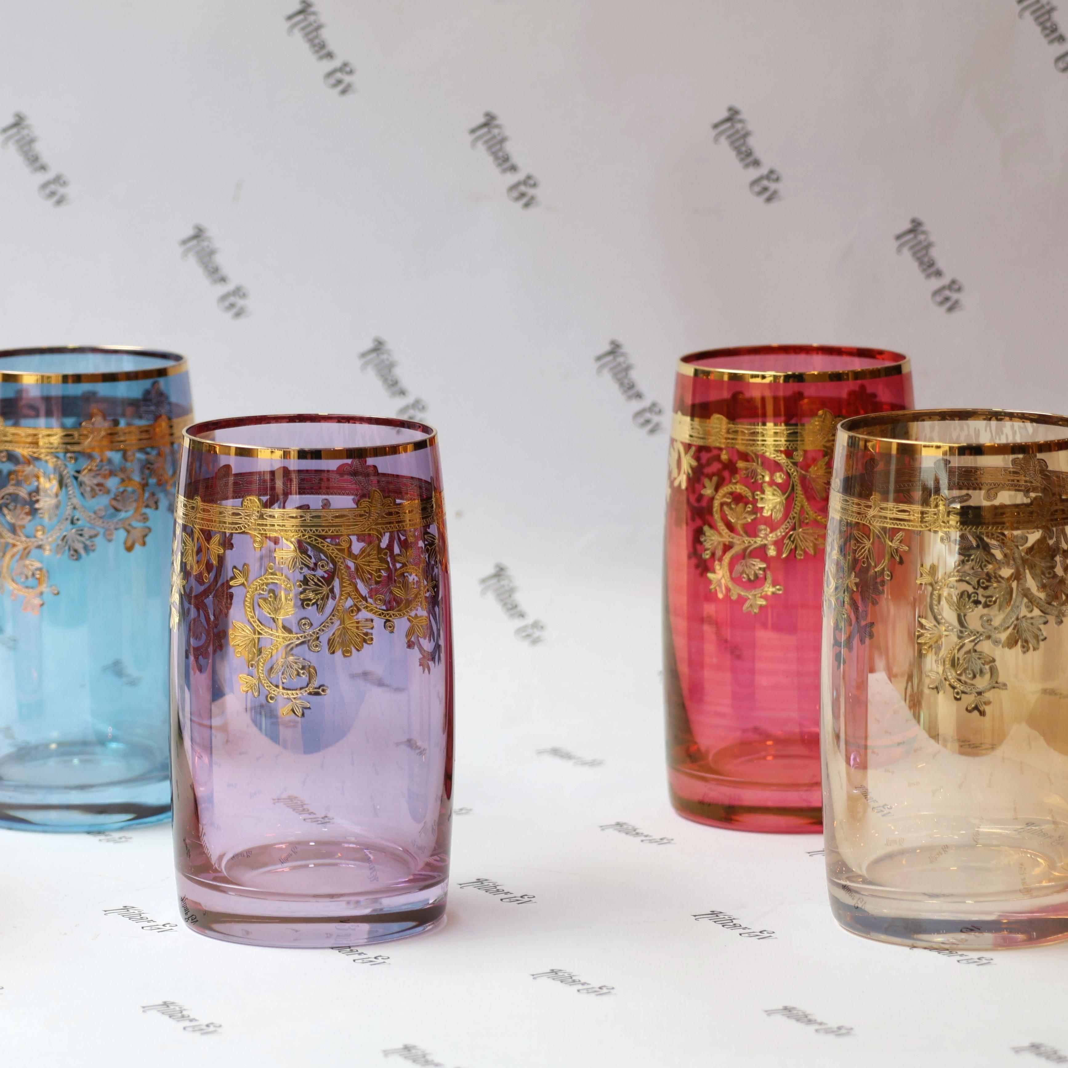 Bohemia Crystal Altın Fırça Desenli Renkli 6 Kişilik Meşrubat Bardağı Takımı