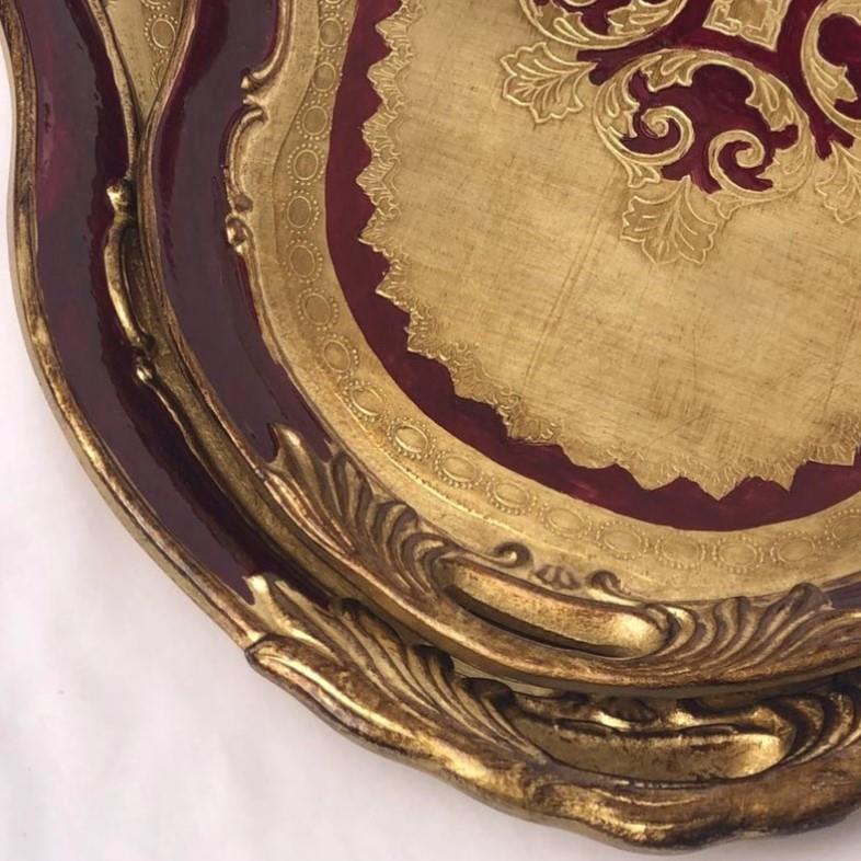 Pescarissi Art Deco Gold Detaylı Oval Bordo Tepsi 8-12 Kişilik İthal Gül Ağacı Tepsi