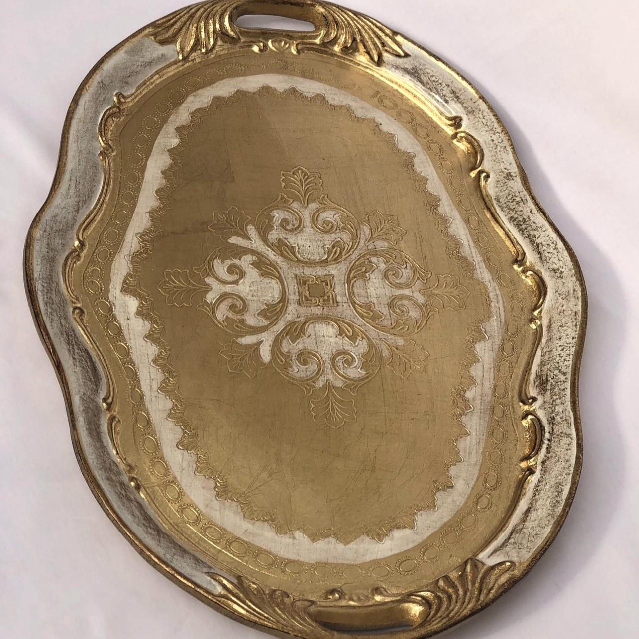 Pescarissi Art Deco Gold Detaylı Oval Bordo Tepsi 8-12 Kişilik İthal Gül Ağacı Tepsi