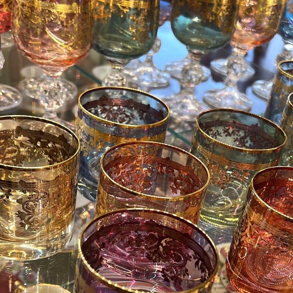 Bohemia Crystal Altın Fırça Desenli Gold 6 Kişilik Kahve Yanı Kadeh Renkli