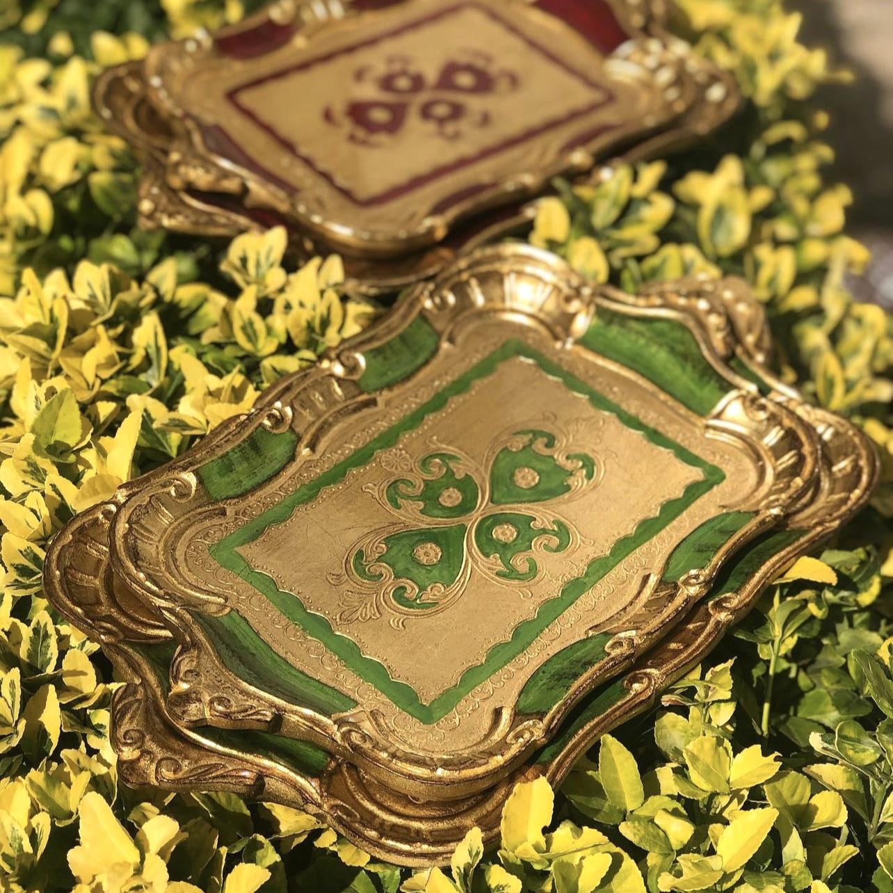 L & M Florence Art Gül Ağacı Köşeli İthal Gold Yeşil Renkli 2-3 Kişilik Tepsi 