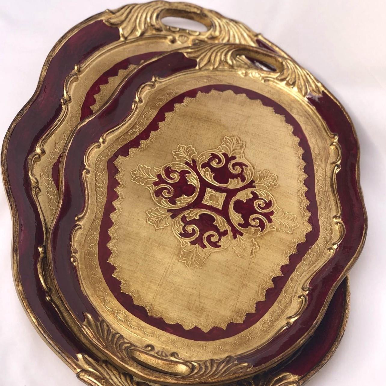 Pescarissi Art Deco Gold Desenli Renkli Oval İthal Gül Ağacı Tepsi 6 Kişilik