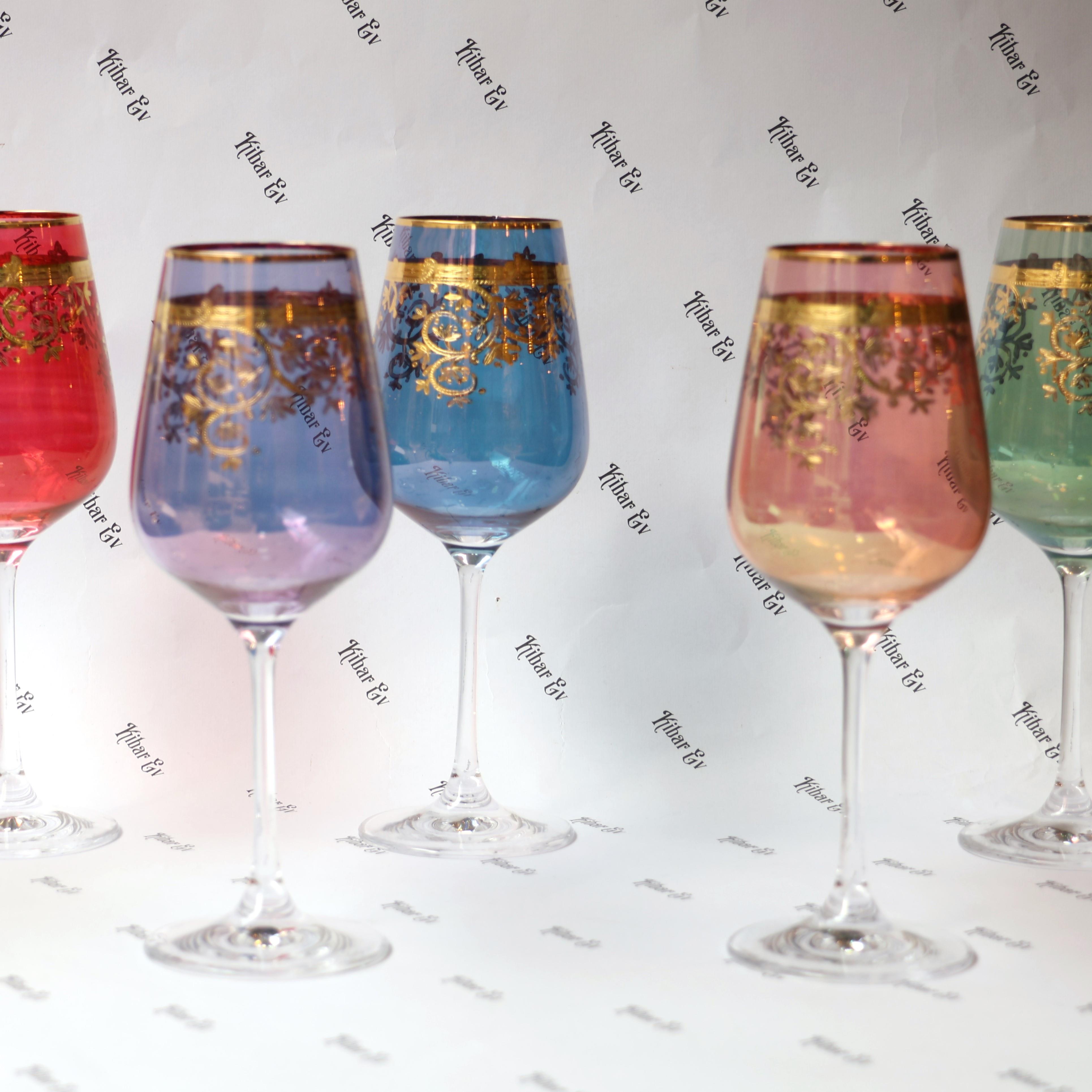 Bohemia Crystal Altın Fırça Desenli Renkli 6 Kişilik Sofra Boy Kadeh Takımı