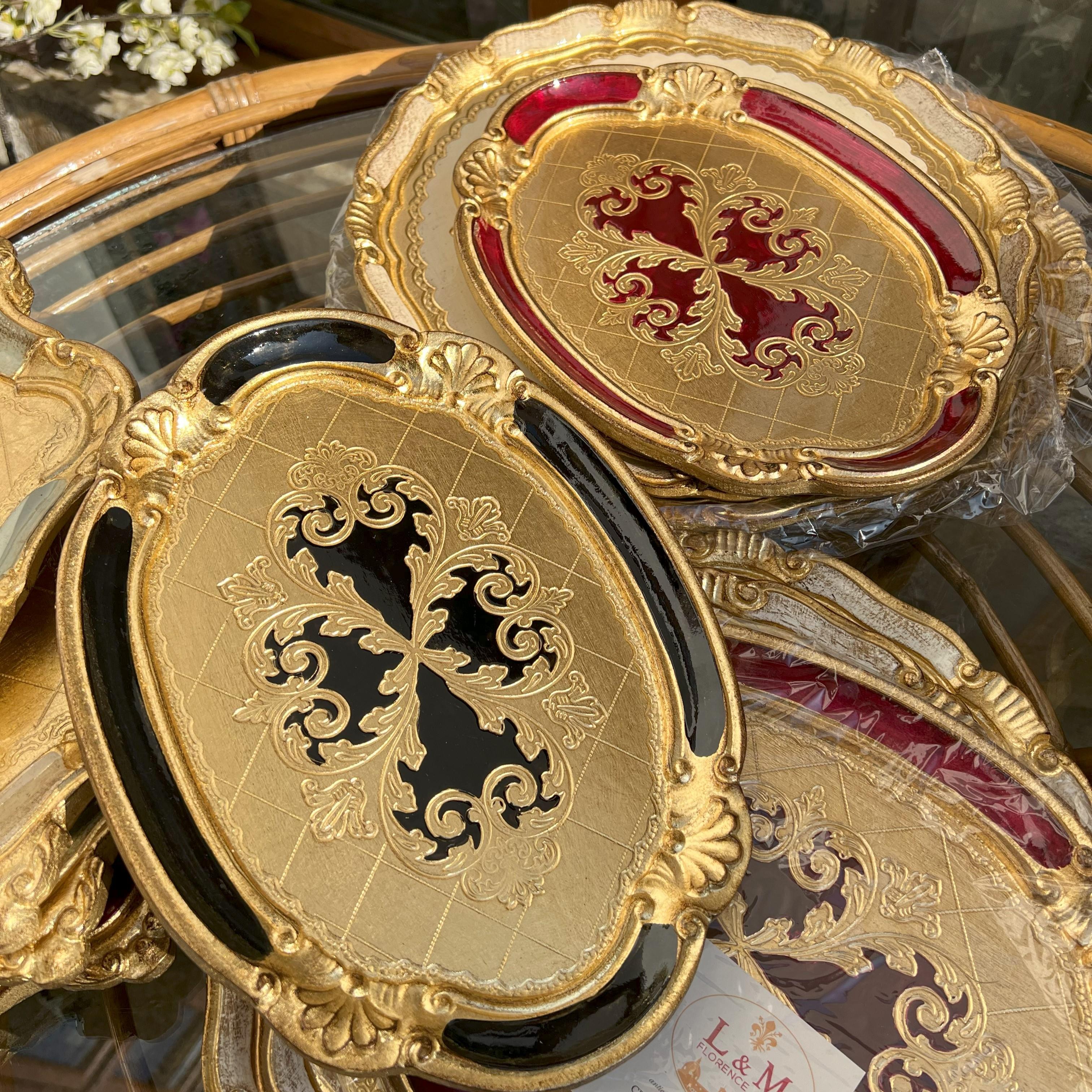 L & M Florence Art Gül Ağacı Oval İthal Gold Siyah Kırmızı Tek Kişilik Tepsi 1 Numara