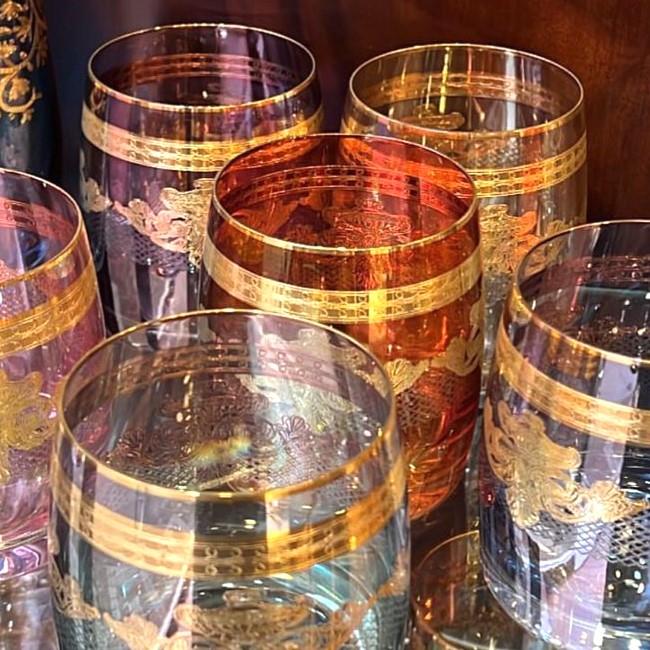 Bohemia Crystal Altın Fırça Desenli Renkli 6 Kişilik Su Bardağı Takımı