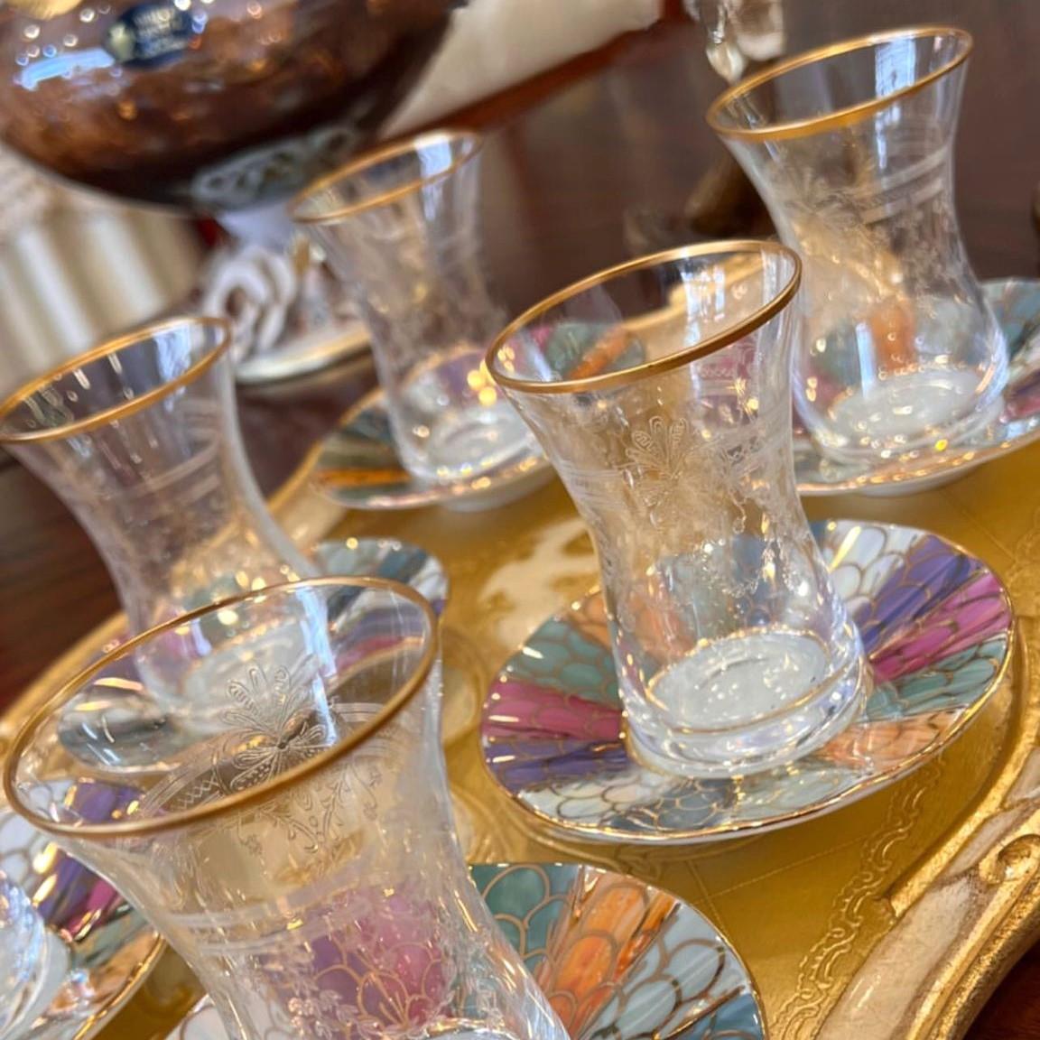 Petek Desen Renkli Gold El Boyama 6 Kişilik Çay Tabağı Takımı