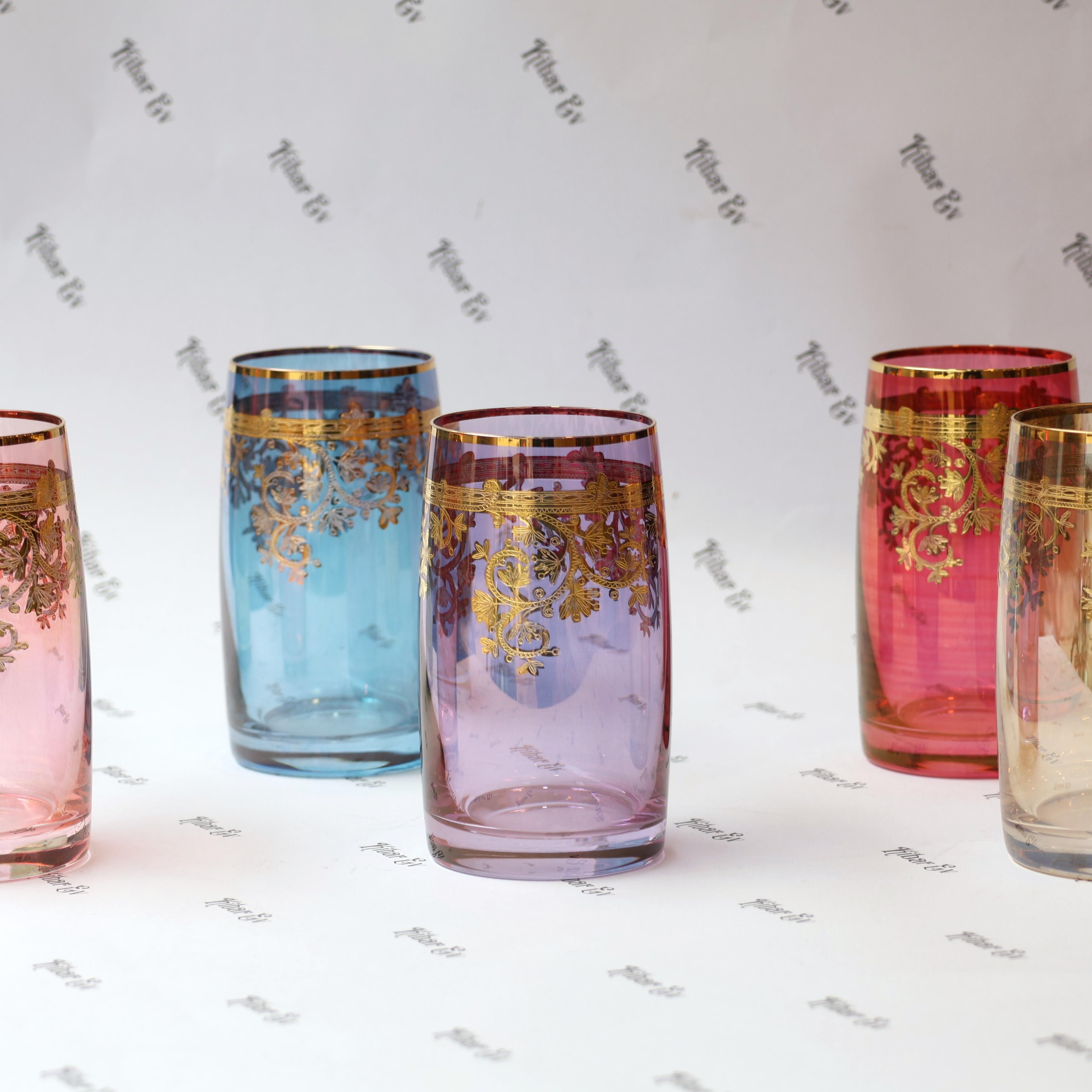 Bohemia Crystal Altın Fırça Desenli Renkli 6 Kişilik Meşrubat Bardağı Takımı