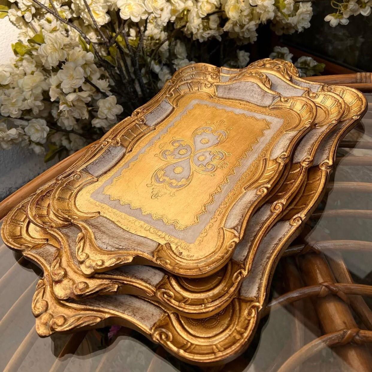 Pescarissi Art Deco Gold Gül Ağacı İthal Köşeli Tepsi 4-5 Kişilik