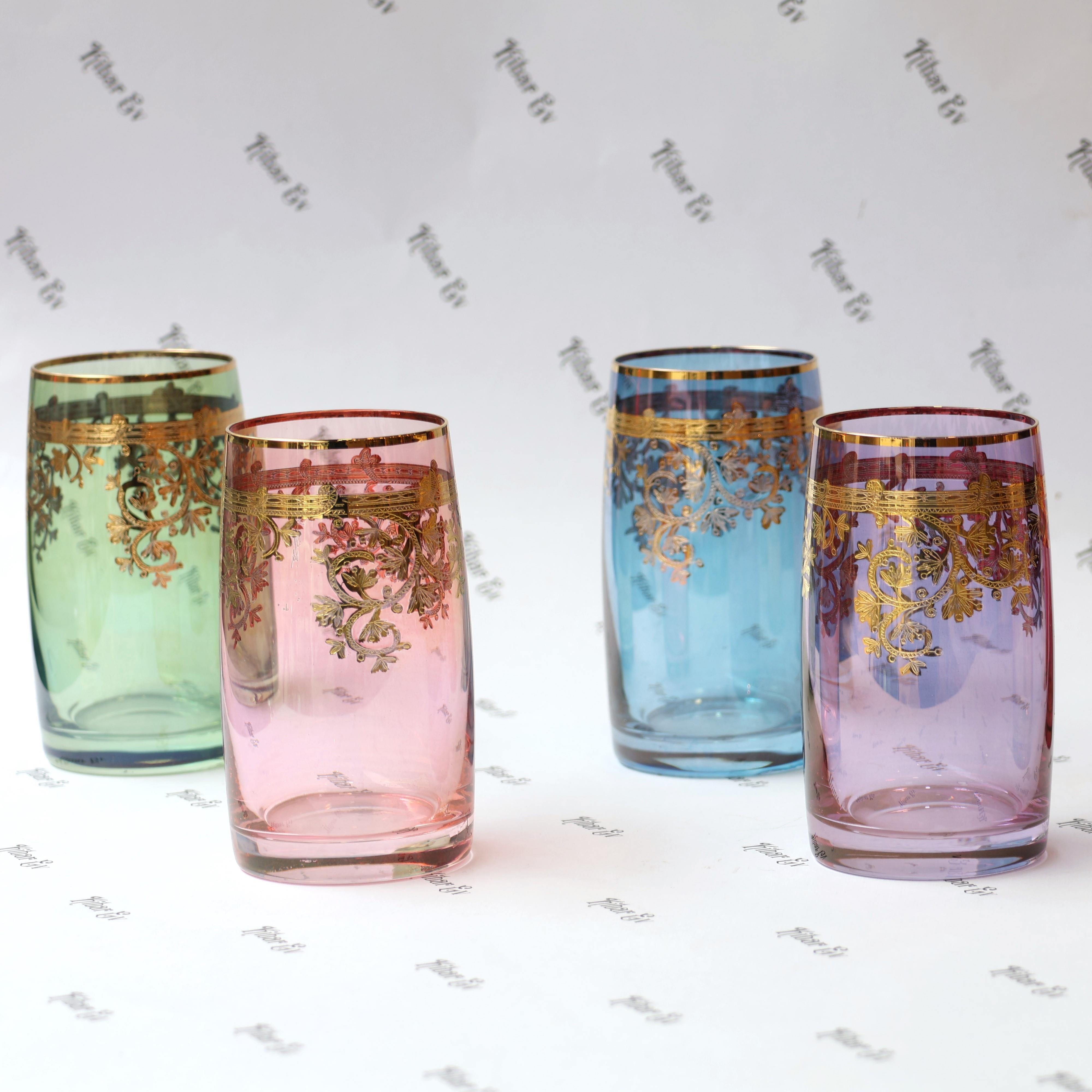 Bohemia Crystal Altın Fırça Desenli Renkli 6 Kişilik Meşrubat Bardağı Takımı