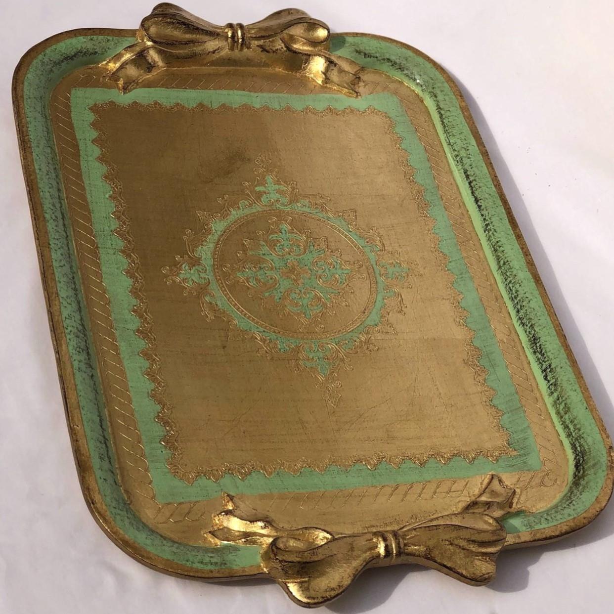 L & M Florence Art Gold Gül Ağacı İthal Dikdörtgen Renkli Tepsi 8-12 Kişilik