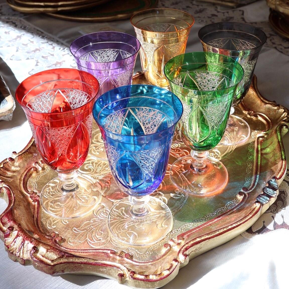 Bohemia Crystal Rocky Desen Renkli 6 Kişilik Sofra Boy Kadeh Takımı